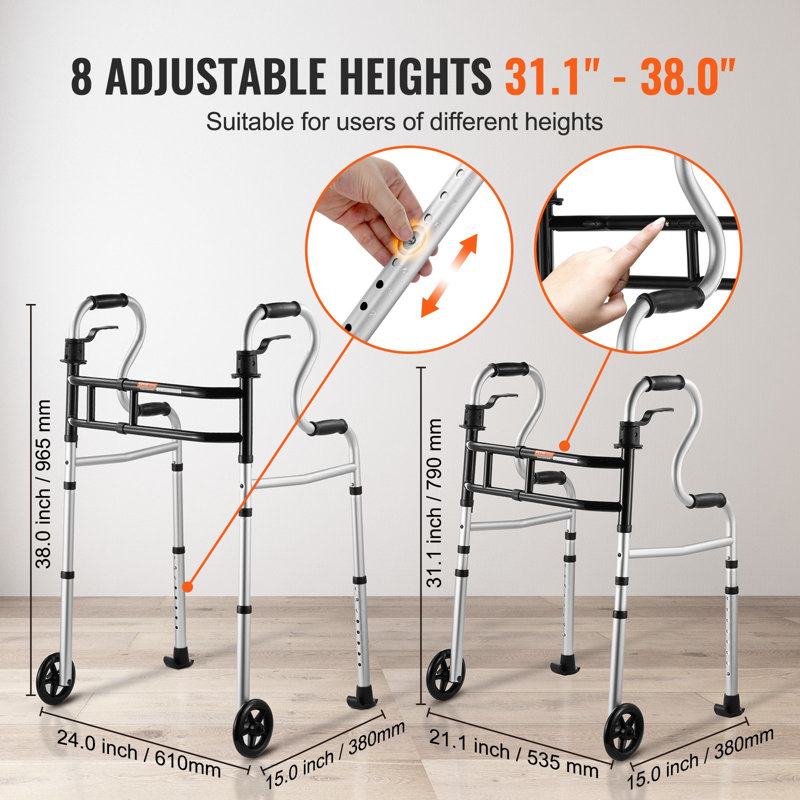 Trotteuse pliante sur roulettes, trépieds pliants 3 en 1 avec hauteur et largeur réglables, aluminium léger | Aide à la mobilité sur roues avant pour personnes à mobilité réduite, jusqu'à 350 lb