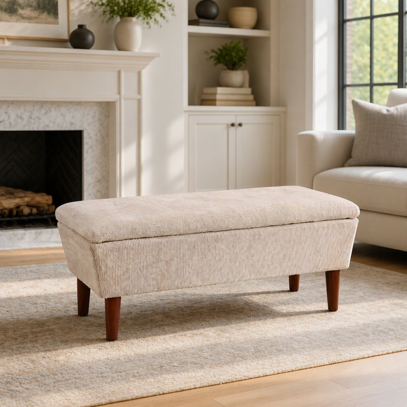 Banc repose-pieds rectangulaire en lin 42 po, tabouret bas moderne avec repose-pieds en bois massif, vestibule multi-usage et banc de lit