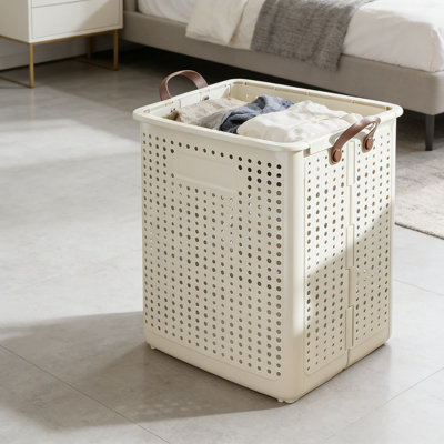 Cream WhiteFolding Dirty Clothes Basket Home Laundry Basket Storage Basket Dirty Clothes Basket Bathroom Dirty Clothes Storage Basket PP Materia