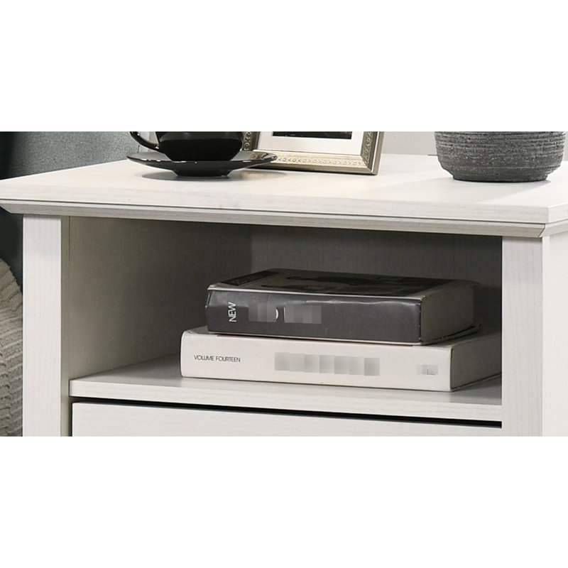 Table de chevet de 22 po de largeur, blanc, 2 tiroirs, et - tablette ouverte, poignées en métal noir, capacité de tablette de 30 lb, table de chevet blanche de l 22 po avec charge intégrée, poignées, matériau en panneau de particules