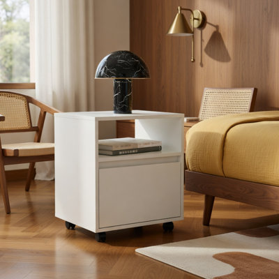 Table de chevet H 20 po, avec une tablette ouverte, 1 tiroir et roulettes, blanc