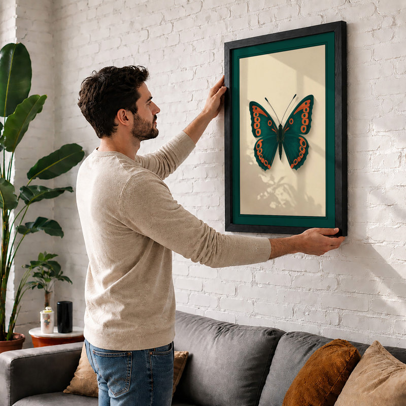 Teal Butterfly Study Botanical - Framed Print, A4 - 29.7 x 21.0 cm, Walnut
