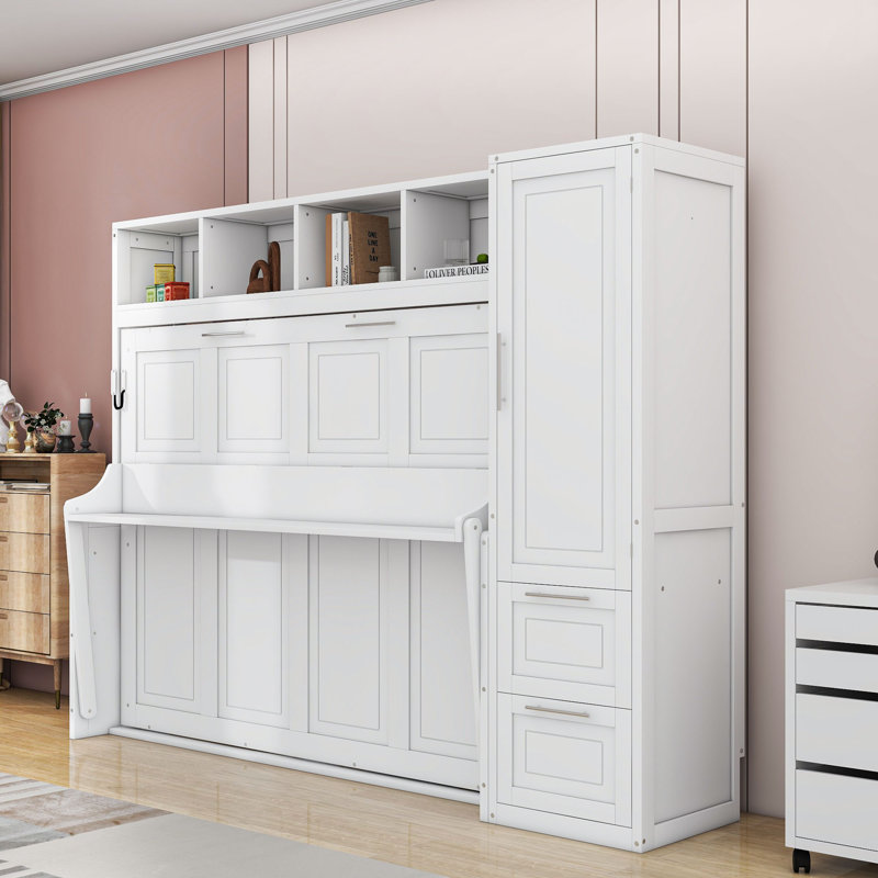Ajae Murphy Bed with Storage Bookcase, Drawers and Wardrobe, White, Queen