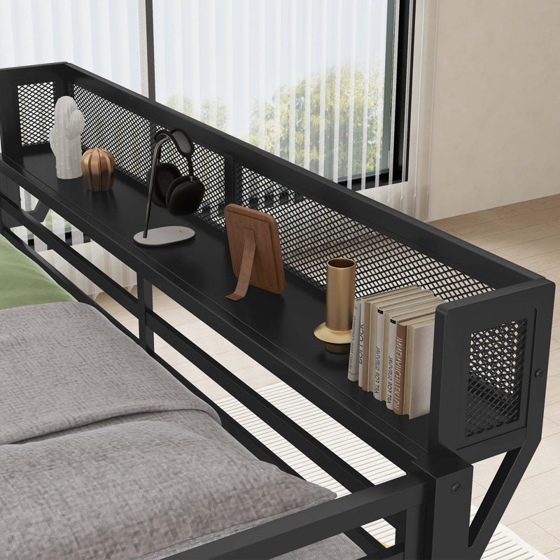 Queen Over Queen Metal Bunk Bed with Ladder and Storage Shelf, Ideal for Adults and Teens, Ensuring Comfort and Space Efficiency