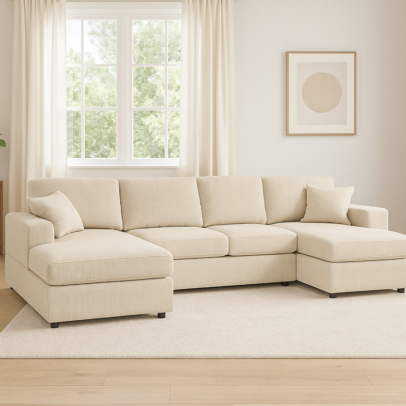 Cream Corduroy 3 - Piece Double Chaise Sectional, 4 Comfortable Seating Spaces, Low Profile Look, And Removable Cushions For Cleaning Seat Sectional With Engineered Wood Base, Rectangular Back