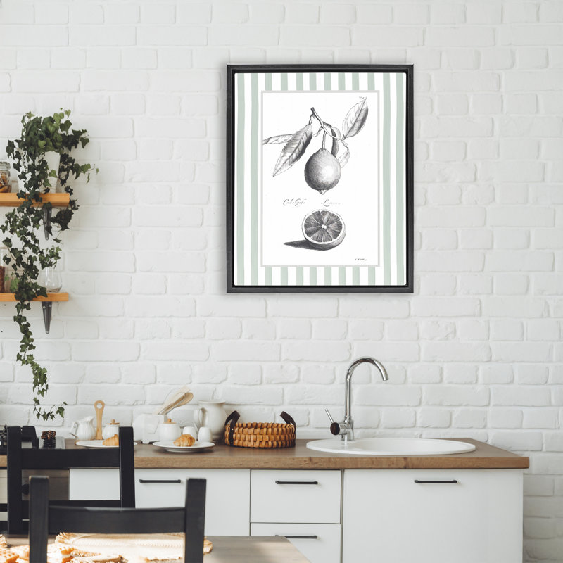 Cadre flottant rétro avec bordure rayée, agrumes et lettres rétro, Cadre flottant noir de jais, H 21 po x l 17 po