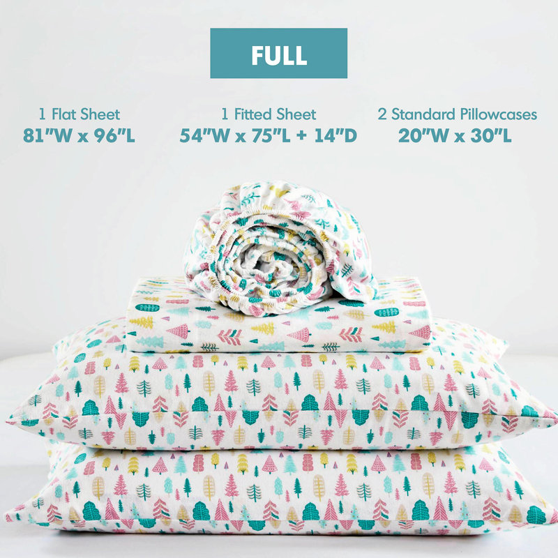 Ensemble de draps en flanelle de coton pour grand lit 4 pièces, motif arbre des Fêtes blanc, lavable à la machine, drap plat, 2 taies d'oreiller ajustées et incluses