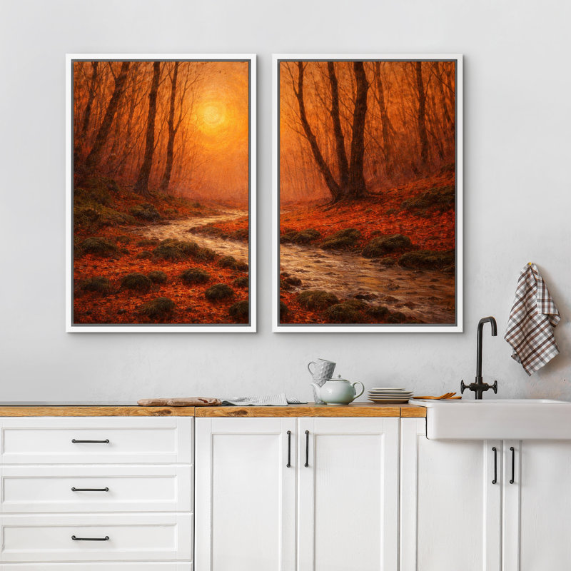 «Autumn Forest Path with Warm Sunset Light», reproduction d'art sur toile encadrée pour chambre principale, 2 pièces, Blanc