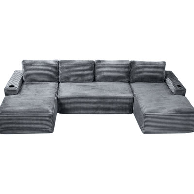 Canapé modulaire en tissu de velours côtelé compressible en forme de U avec 6 sièges, porte-gobelets antidérapants et poches latérales, sans assemblage pour les dimanches paresseux.