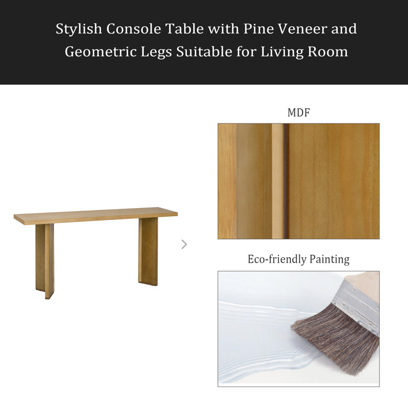 Élégante console avec placage de pin et pieds géométriques, idéale pour le salon, le bureau et la salle à manger, Naturel