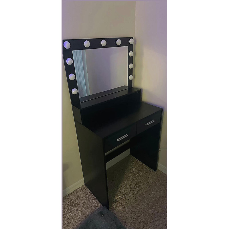 Bureau de coiffeuse avec miroir et lumières, coiffeuse avec grand tiroir, commode de rangement à 2 niveaux et 3 modes d'éclairage à luminosité réglable, convient à la chambre à coucher (noir)