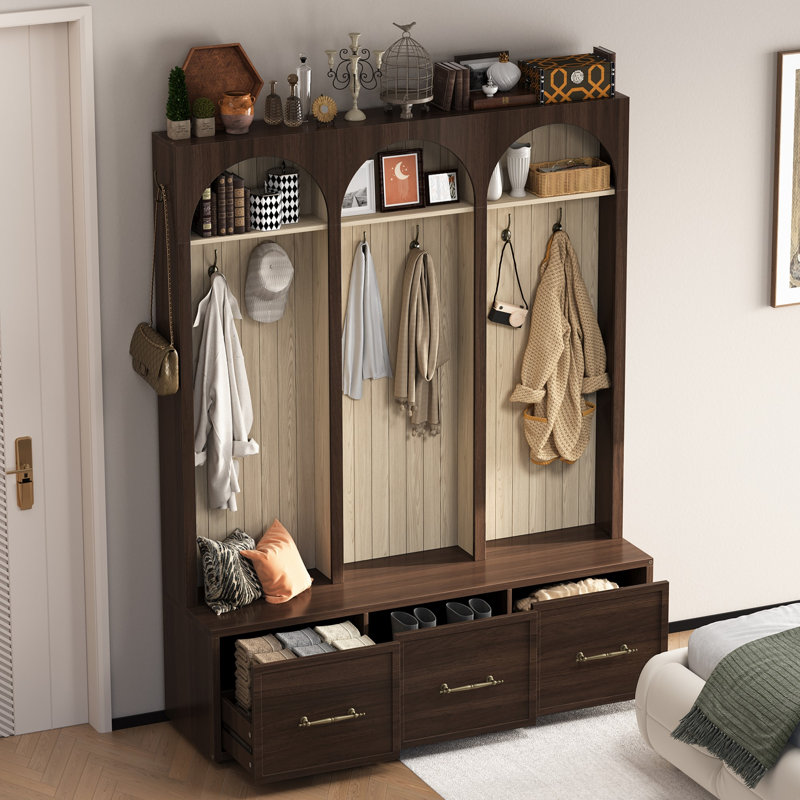 Farmhouse Hall Tree With Bench And 3 Drawers Storage, Walnut