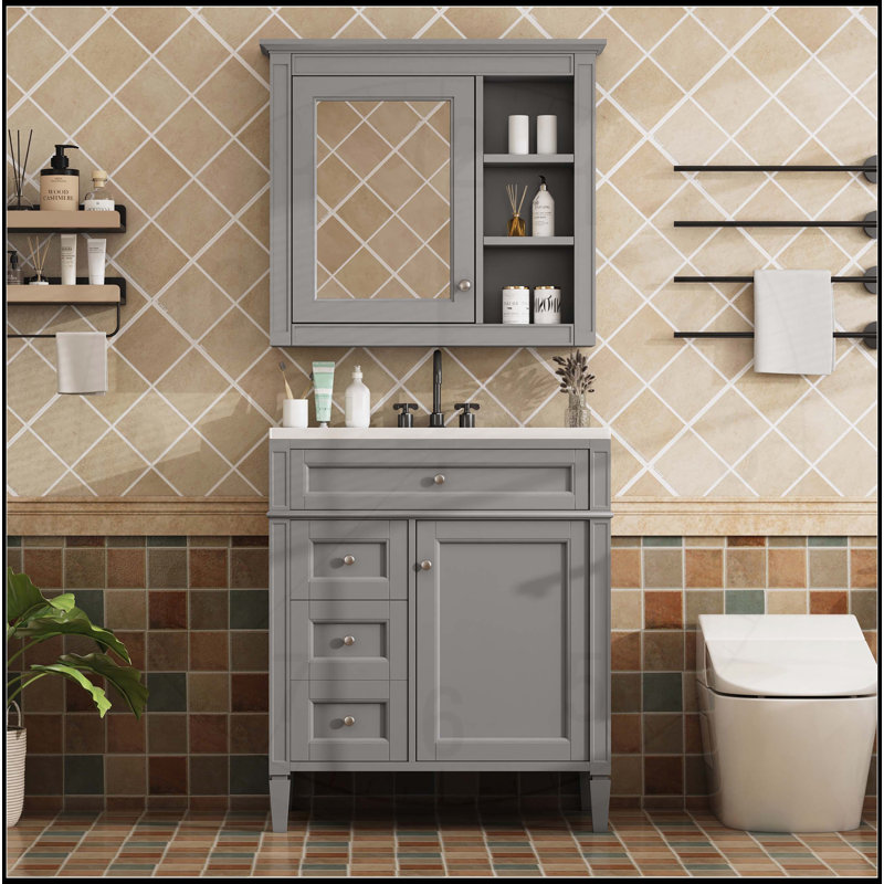 Meuble-lavabo 30 po avec lavabo supérieur et armoire à miroir, Gris