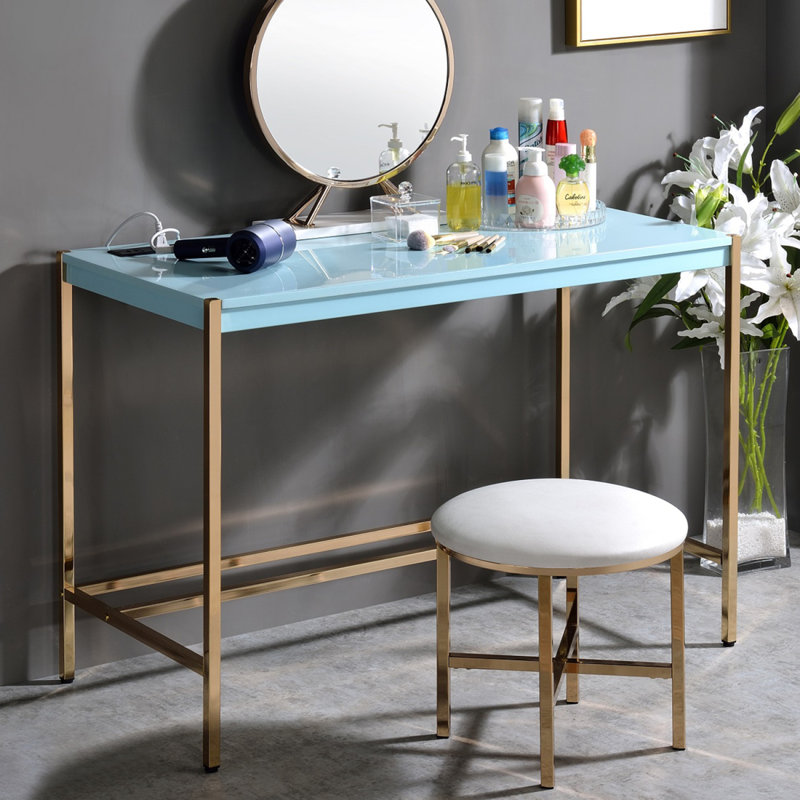 Bureau d'écriture rectangulaire avec port USB, Bleu clair, H 29,94 po x l 41,94 po x P 19,94 po