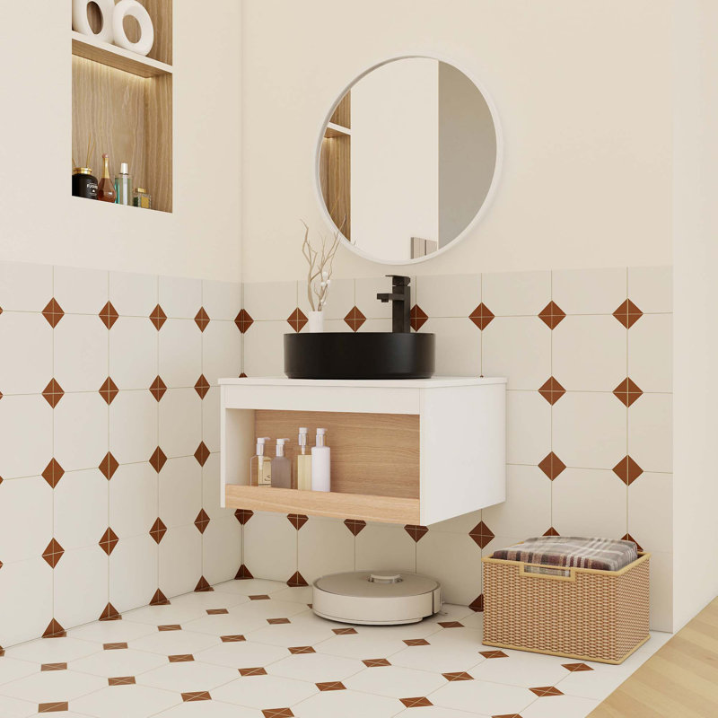 Meuble-lavabo flottant peu encombrant avec lavabo vasque noir mat et rangement ouvert, 24"