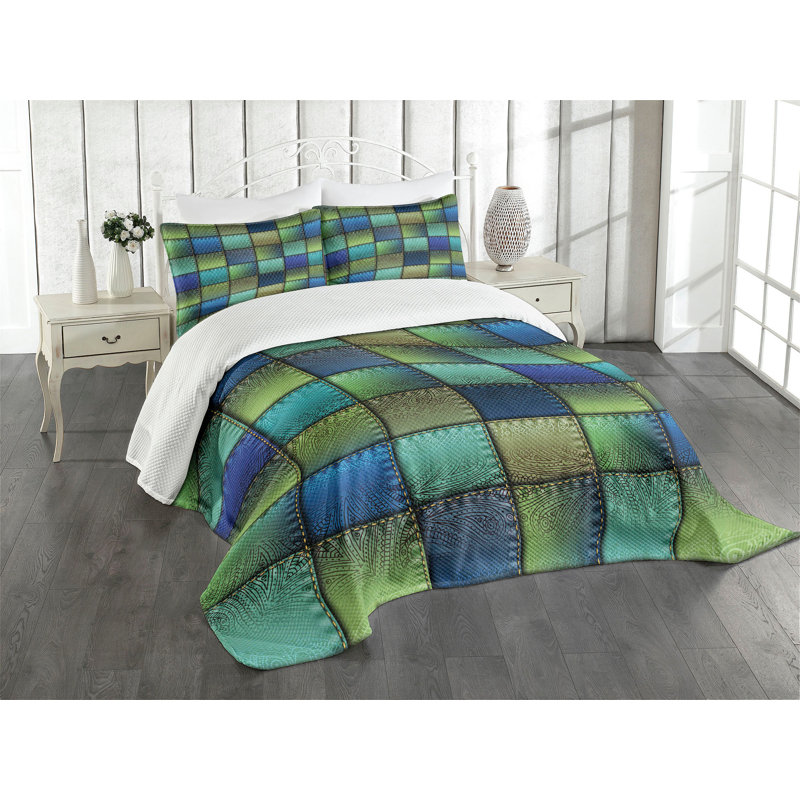 King Size Blue Green Quilted Bedspread Set
