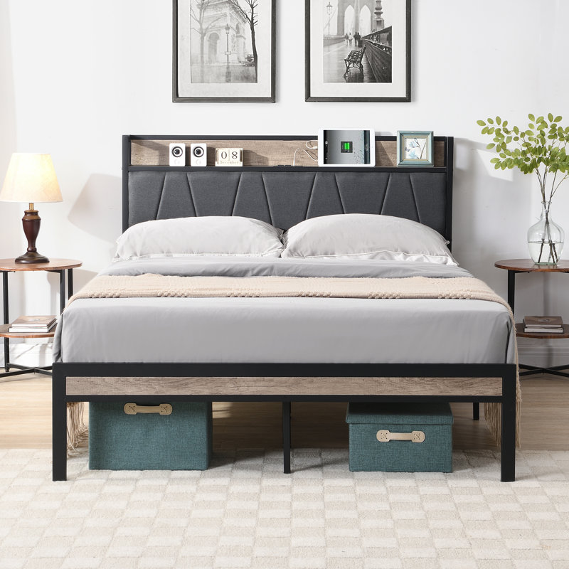 Size Metal Platform Bed Frame With Upholstery Storage Function Headboard  And USB LINER And Footboard , No Box Spring Needed, Large Under Bed Storage, Easy Assemble