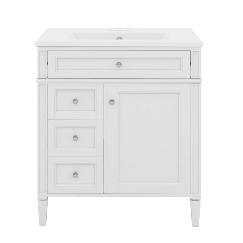 Meuble-lavabo de 30 po avec lavabo, 2 tiroirs, 1 armoire et 1 tiroir basculant Designs, Blanc, Argent argent