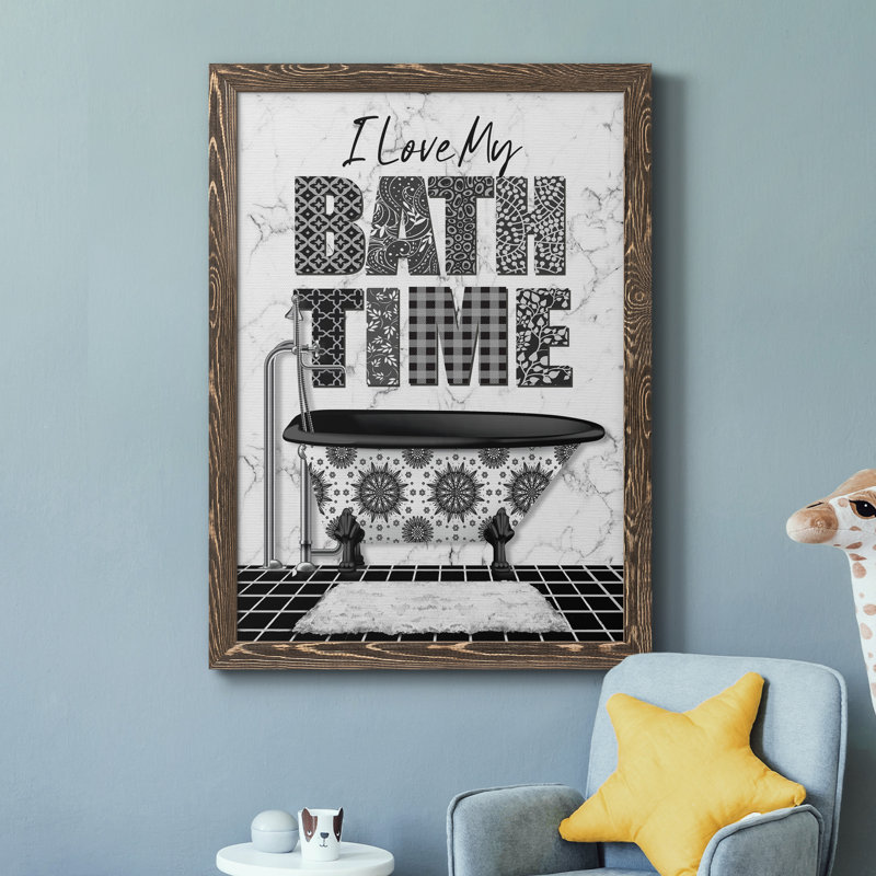 «Bath Time», art textuel sur toile, H 37,5 po x l 27,5 po x P 1,5 po, Encadré de bois de noyer