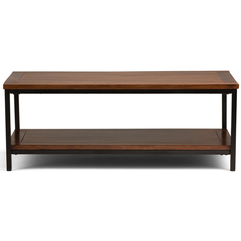 Skyler 48"W Solid Mango Wood and Metal Industrial Coffee Table with Open Shelf and Black Frame