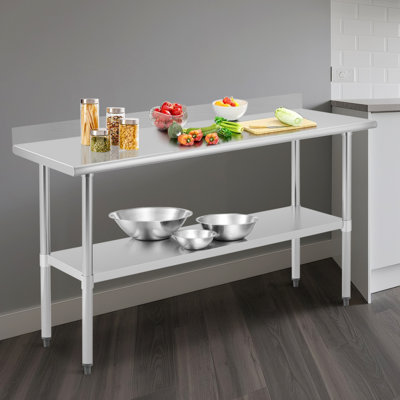 Table de travail robuste en acier inoxydable avec dosseret - Établi commercial à 2 niveaux certifié NSF - Tablette réglable - Facile à nettoyer - Pour le restaurant, l'hôtel, le garage, P 24 po x l 60 po x H 36 po