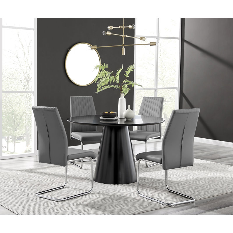 Edzard Statement Pedestal Round Dining Table Set & 4 Luxury Faux Leather Dining Chairs, Black, Grey