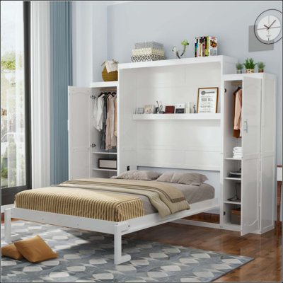 Lit escamotable avec 2 garde-robe et tablette de rangement, cadre de lit plateforme pliable multifonctionnel pour chambre d'amis, chambre à coucher