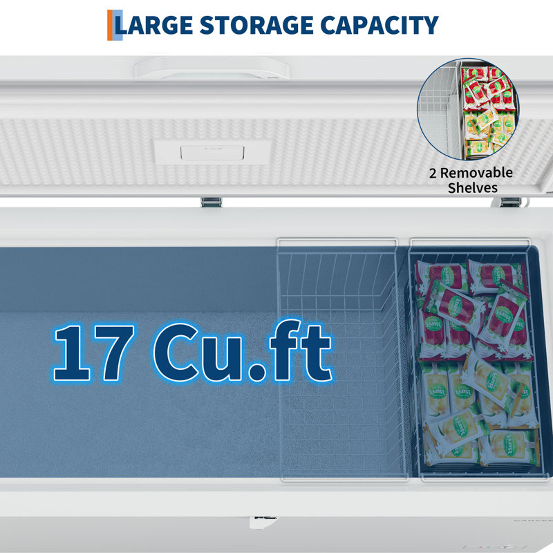 17 Cu. ft White Convertible Chest Deep Freezer, Garage Ready Standalone Refrigerator Freezer with Lockable Lid, 6 Casters, 2 Removable Baskets & LED Light for Home Kitchen Basement Storage
