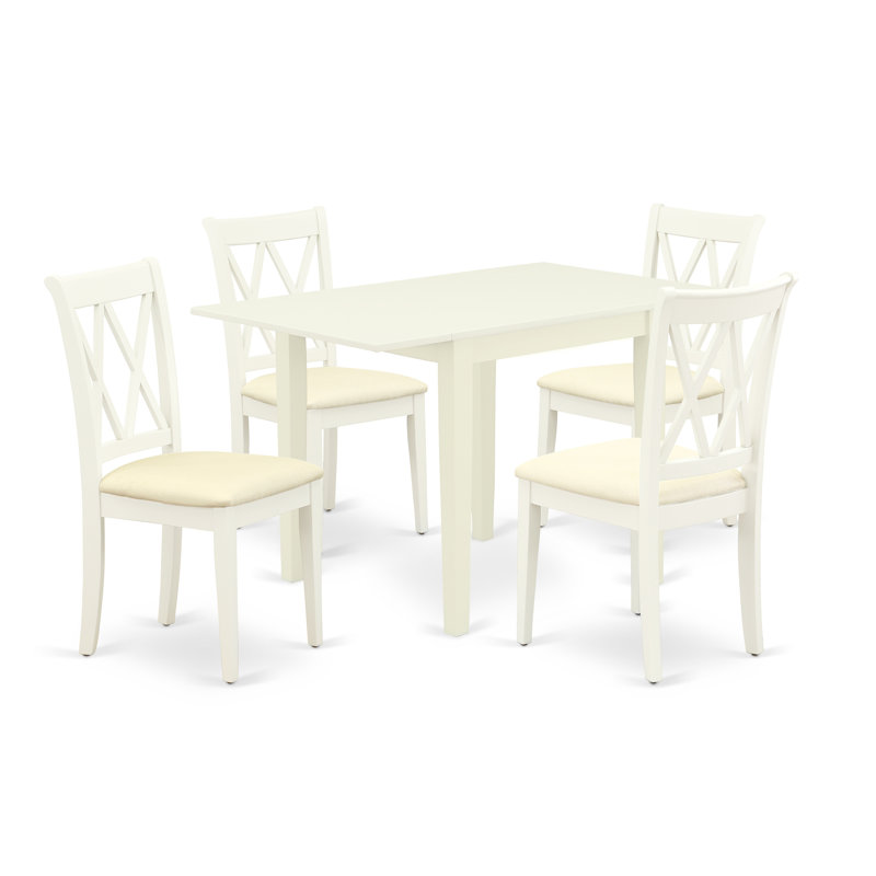 5 Piece Dining Room Table Set Includes a Rectangle Kitchen Table with Dropleaf and 4 Linen Fabric Dining Chairs, Linen White