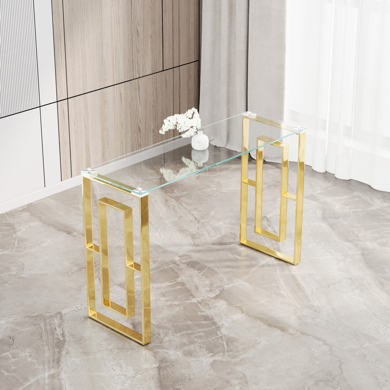 Ivy Bronx Modern Glass Console Table Gold Stainless Steel Legs for ...