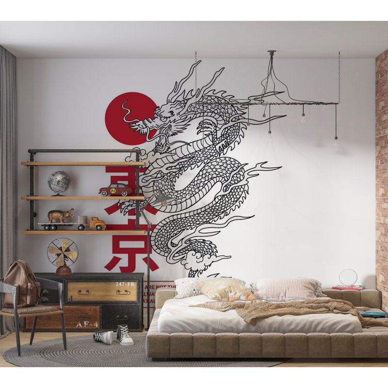 Papier peint de qualité supérieure - Dragon et soleil, L 40 po x l 60 po
