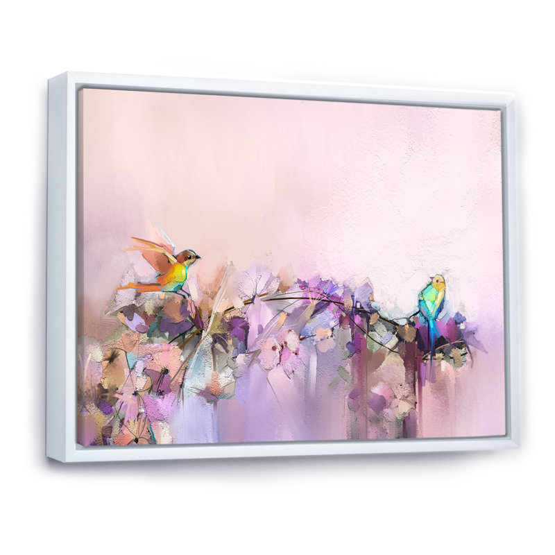 Pinceau, oiseaux mauves et beiges - reproduction encadrée sur toile, H 16 po x l 32 po x P 1 po, Cadre flottant blanc