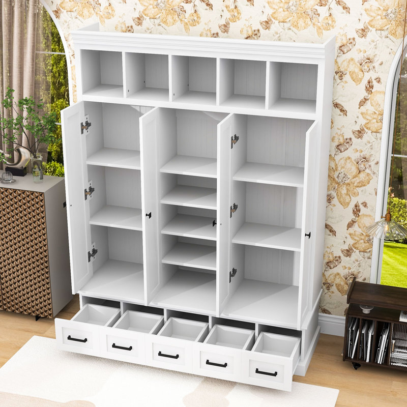 Arbre d'entrée multifonctionnel avec tablettes réglables, tiroirs et sécurité anti-basculement, Blanc