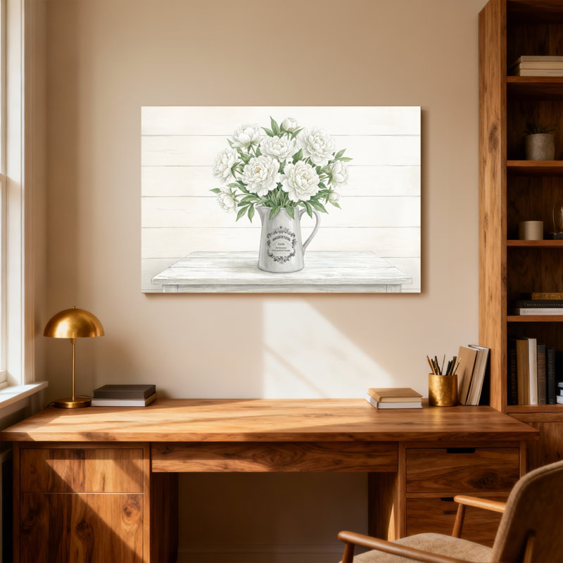 Plantes et fleurs Fleurs blanches dans un pichet rétro sur tablette, H 12 po x l 18 po