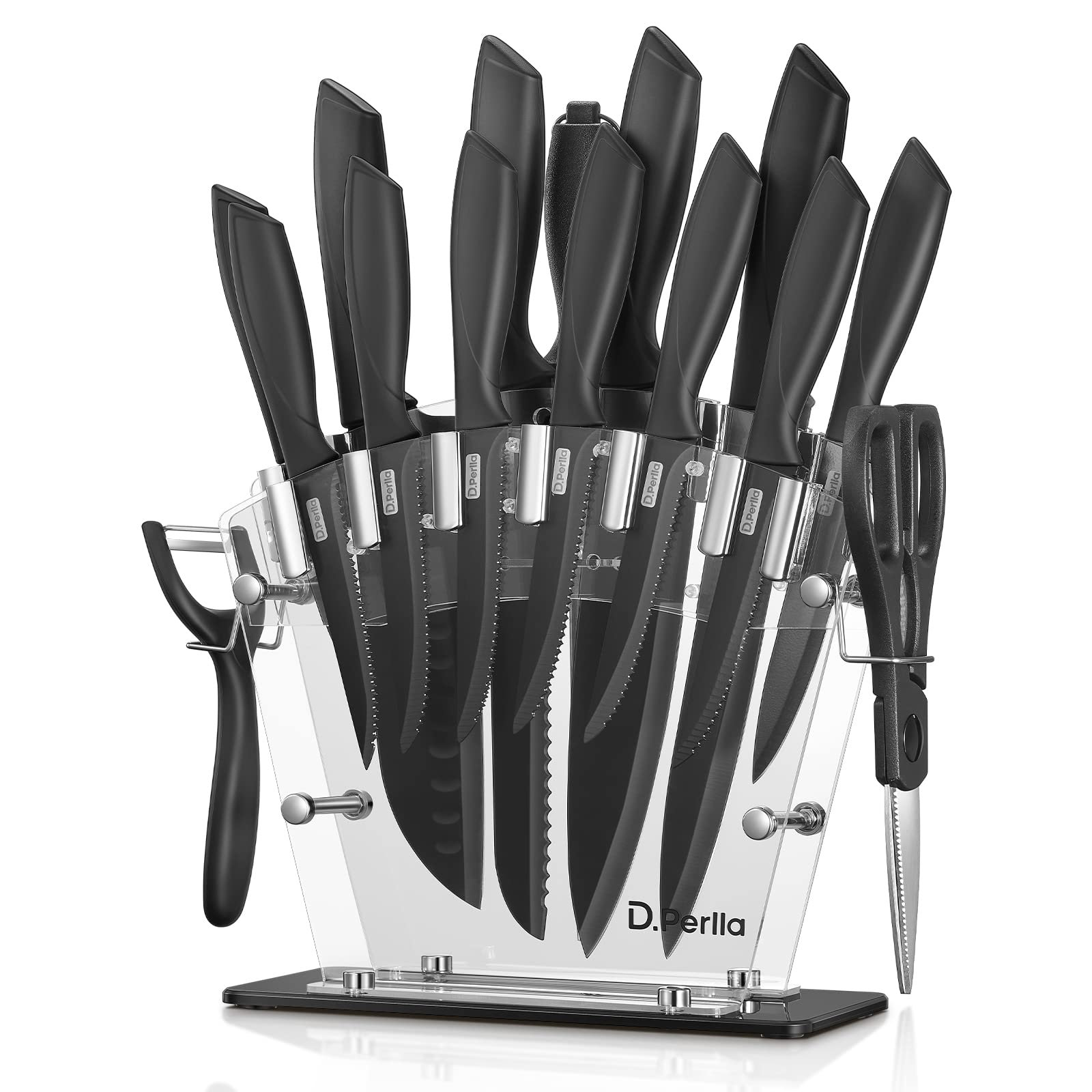 PrinChef Knife Set, 19 Pcs Rust Proof Knives Set for Kitchen, with Acrylic Stand, Sharpener, Scissors and Peeler, Stainless Steel Knife Sets with