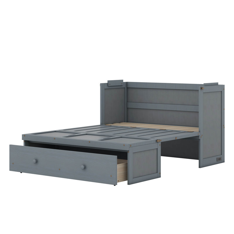 Lit escamotable avec port USB et grand tiroir, gris, Double