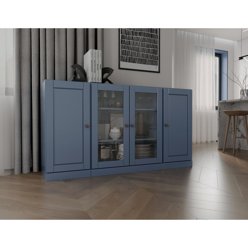 Buffet 100% bois massif 65 po avec portes en verre transparent et tablettes réglables, Bleu antique
