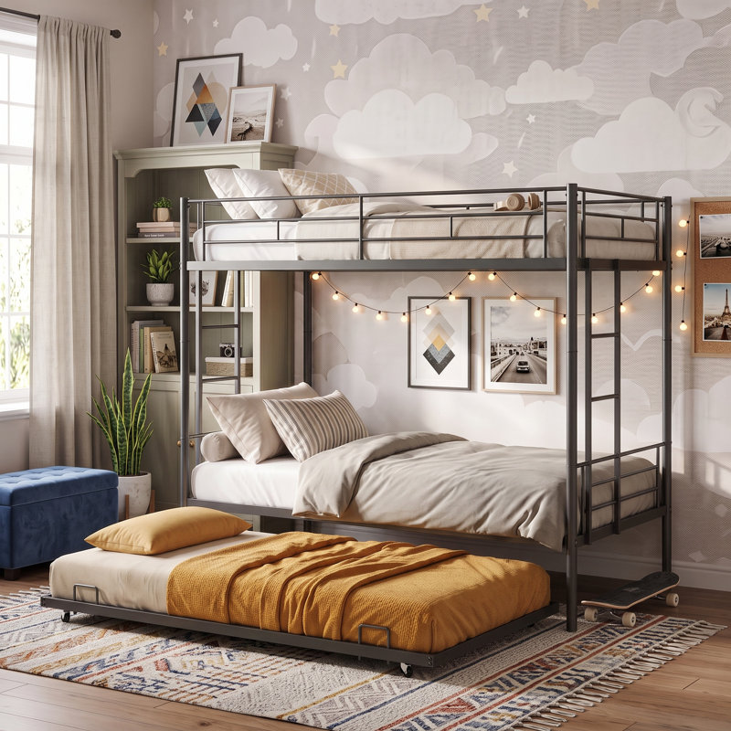 Lit superposé simple au-dessus d'un lit simple avec lit gigogne, structure de lit superposé en métal triple avec capacité de 400 lb et garde-corps de 10,4 po - se convertit en 2 lits, aucun sommier nécessaire
