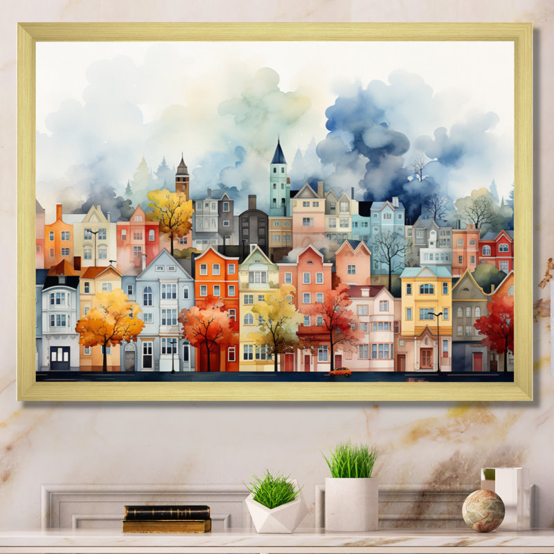 «Popart Cityscape Urban Fog II - City Buildings», art encadré, H 12 po x l 20 po x P 1 po, Encadrement doré