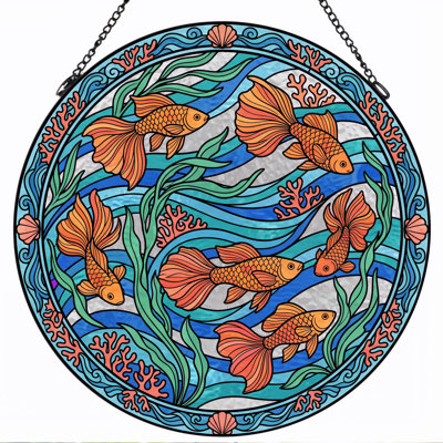 Panneau de vitrail à motif de poisson rouge - 7,8H