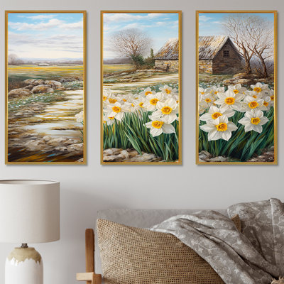 «White and Yellow Daffodils Country Charm», ensemble d'art mural fleurs