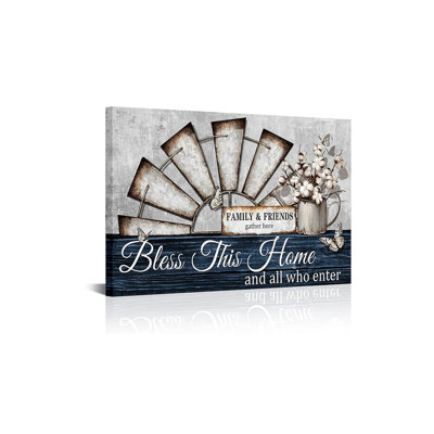 Visual Art Decor Farmhouse Windmill Wall Decor Bless This Home Sign Rustic Farm Style Room Decor Framed 16x24inch Kitchen Bedroom Living Room Decor (Blue)