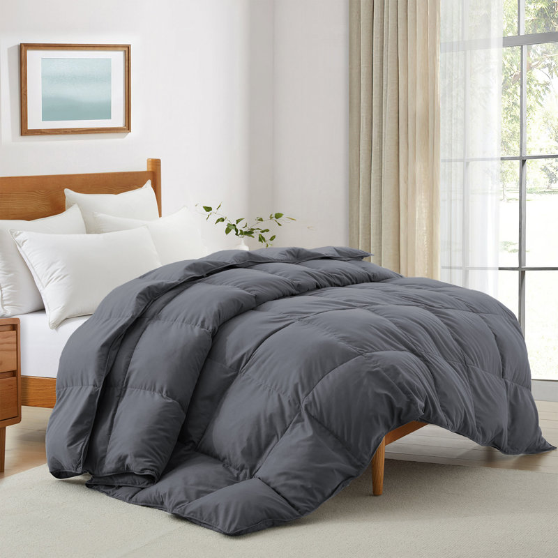 600 Fill Power All-Season Down Comforter - Goose Feather & Down Fiber, Box Stitch, Corner Loops, Queen Down Comforter, Gray