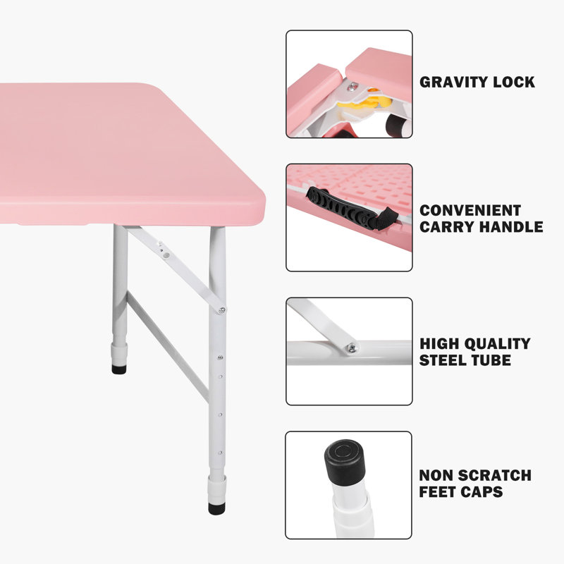 Table de camping pliante rose Avey Pour les aventures intérieures et extérieures. Poids maximal de 135 kg. Pliable avec prise fixe pour faciliter le transport. Plateau de table lisse et imperméable. Base triangulaire augmentée