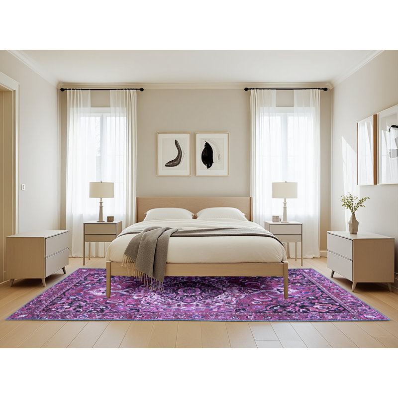 Tapis oriental en laine / polyester tissé à la machine en mauve, Rectangle 5 pi x 8 pi