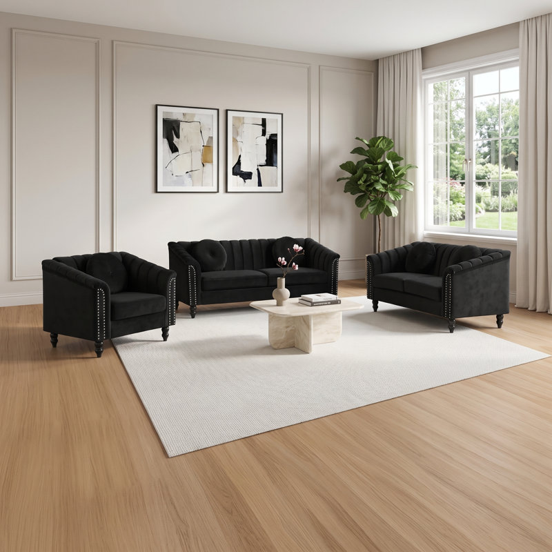 Black 3-Piece Living Room Set with Channel-Tufted Sofa, Loveseat and Armchair, 3-Piece Set