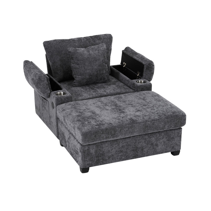 Fauteuil surdimensionné en chenille avec, conversion de lit, porte-gobelets intégrés et charge pour se détendre à la maison, tissu confortable, repose-pieds à 90 degrés, rangement dans la chambre à coucher