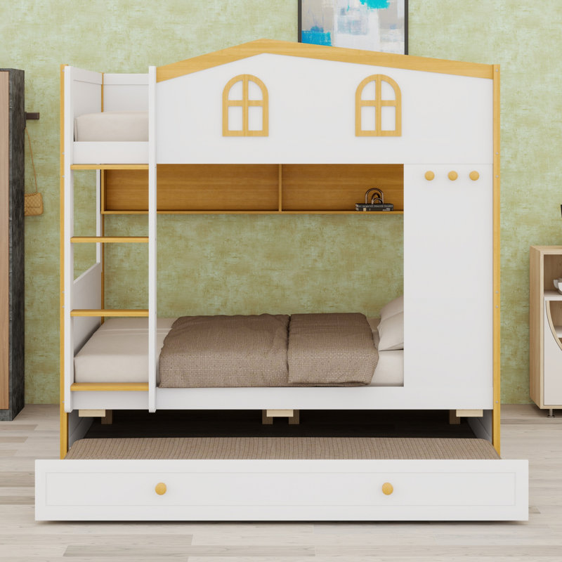 Lit superposé avec garde-corps en forme de maison, tablettes de rangement et lit gigogne, Double sur double