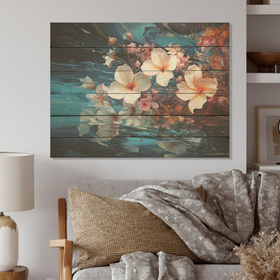 White Plumeria Liquid Art Flower Field I - Flower Field Wood Wall Art On Natural Pine Wood