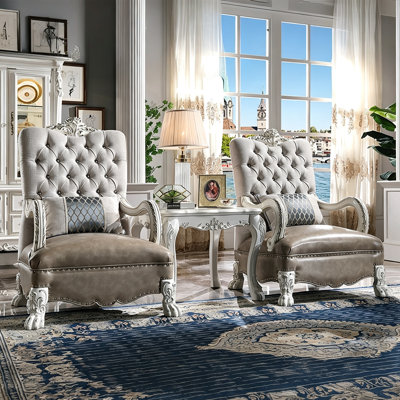 Fauteuil d'appoint sculpté en tissu et cuir mélangés, fini blanc cassé, 122 cm